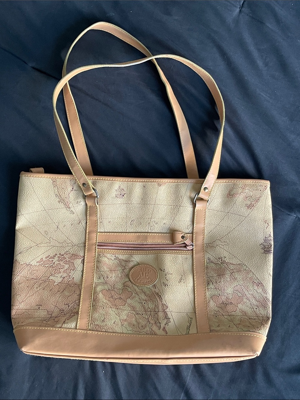Allan Edward Geo Map Print Tote Bag Beige Tan Shoulder Bag